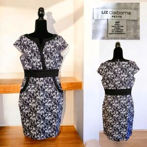 Liz Claiborne Black & White Womens Size 12P Cotton Knee Length Sheath Dress